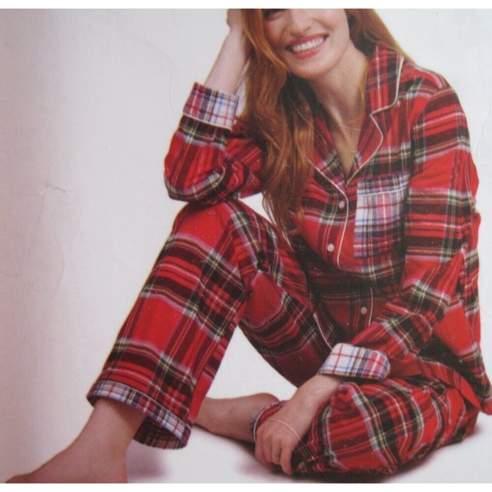 Lands' End Flannel Red Tartan Plaid Pajama Set Women XL Pants Shirt Cotton *Flaw